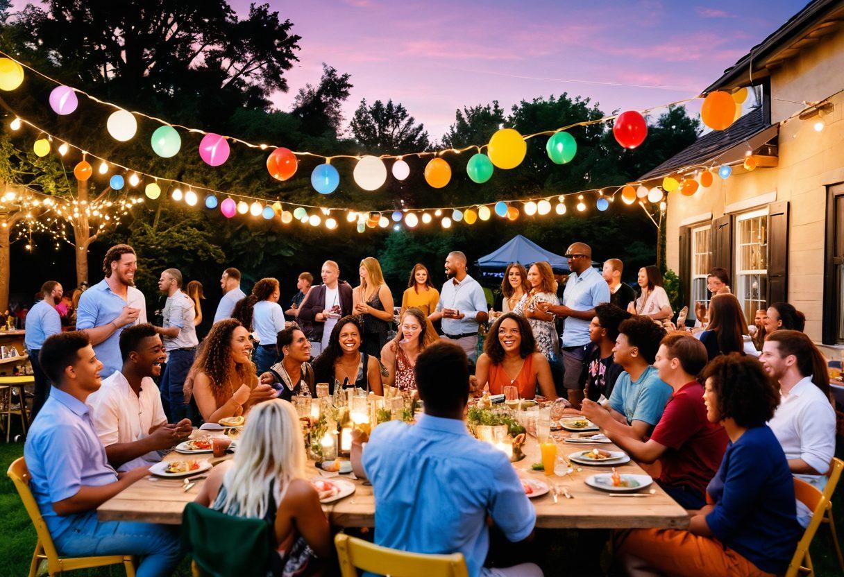 An inviting scene of a lively outdoor party with diverse groups of people laughing and enjoying themselves, adorned with colorful balloons and string lights. A vibrant mix of food and drinks on tables, showcasing inclusivity and celebration. Some attendees engaging in games, while others are dancing, capturing the essence of joy and community. The setting is filled with rich colors at sunset, reflecting a warm and welcoming atmosphere. super-realistic. vibrant colors. outdoor setting.