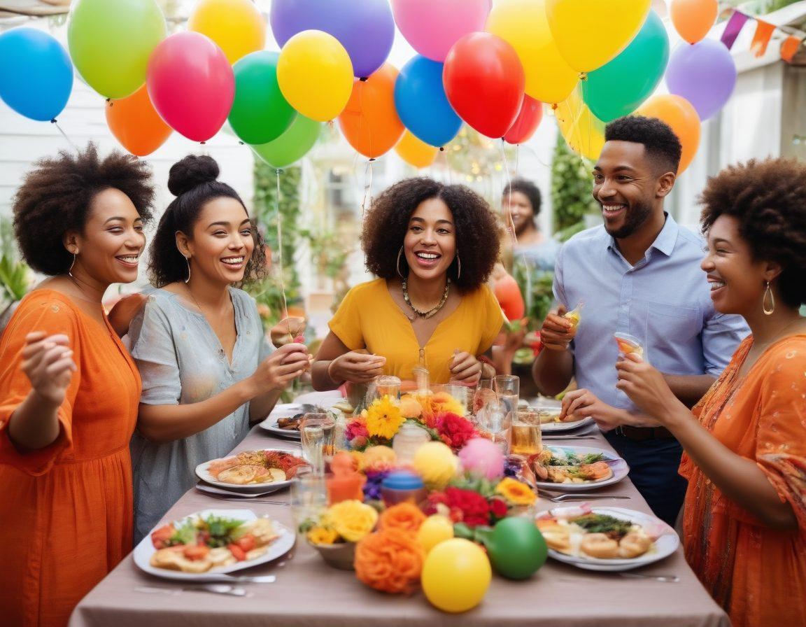 A vibrant scene of a diverse group of adults celebrating at a colorful, inclusive soiree. Incorporate a variety of decorations that represent different cultures, with smiling faces of various ethnicities, gender identities, and ages. Include elements like balloons, banners with the words 'Celebrate Your Identity', and multicultural foods. The atmosphere should feel joyful and welcoming, encapsulating the essence of inclusion. bright colors. festive atmosphere. super-realistic.
