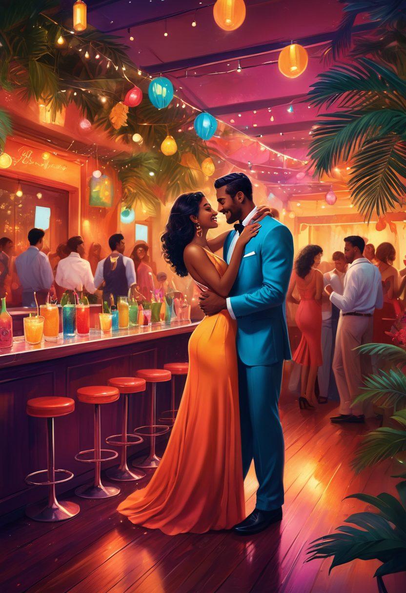 A lively scene depicting a vibrant themed party with colorful decorations, couples mingling and dancing, an exotic cocktail bar in the background, and subtle sensual undertones. The atmosphere should be electric and inviting, with twinkling lights and a hint of mystery in the air. Create a sense of inclusiveness and excitement. colorful illustration. vibrant colors. festive atmosphere.